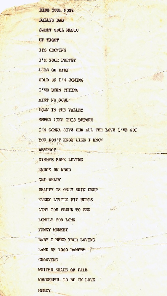 Original Set List circa. 1966/67. Unearthed by Love Affair drummer.